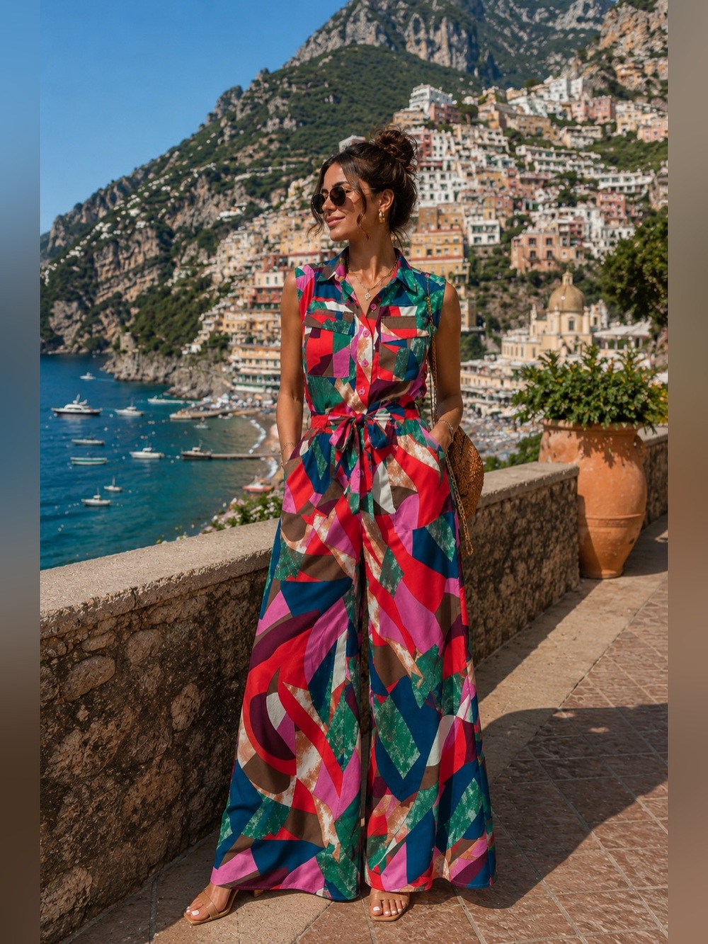 Colorful Abstract Print Wide Leg Jumpsuit Belted Resort Vacation M - Picture 16 of 16
